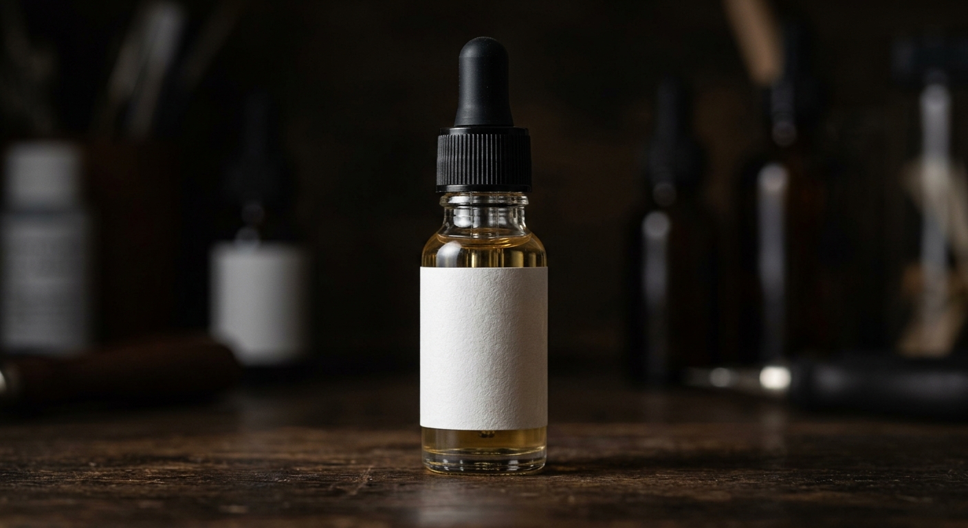 Glass dropper bottle with clean white custom label applied, dramatic lighting