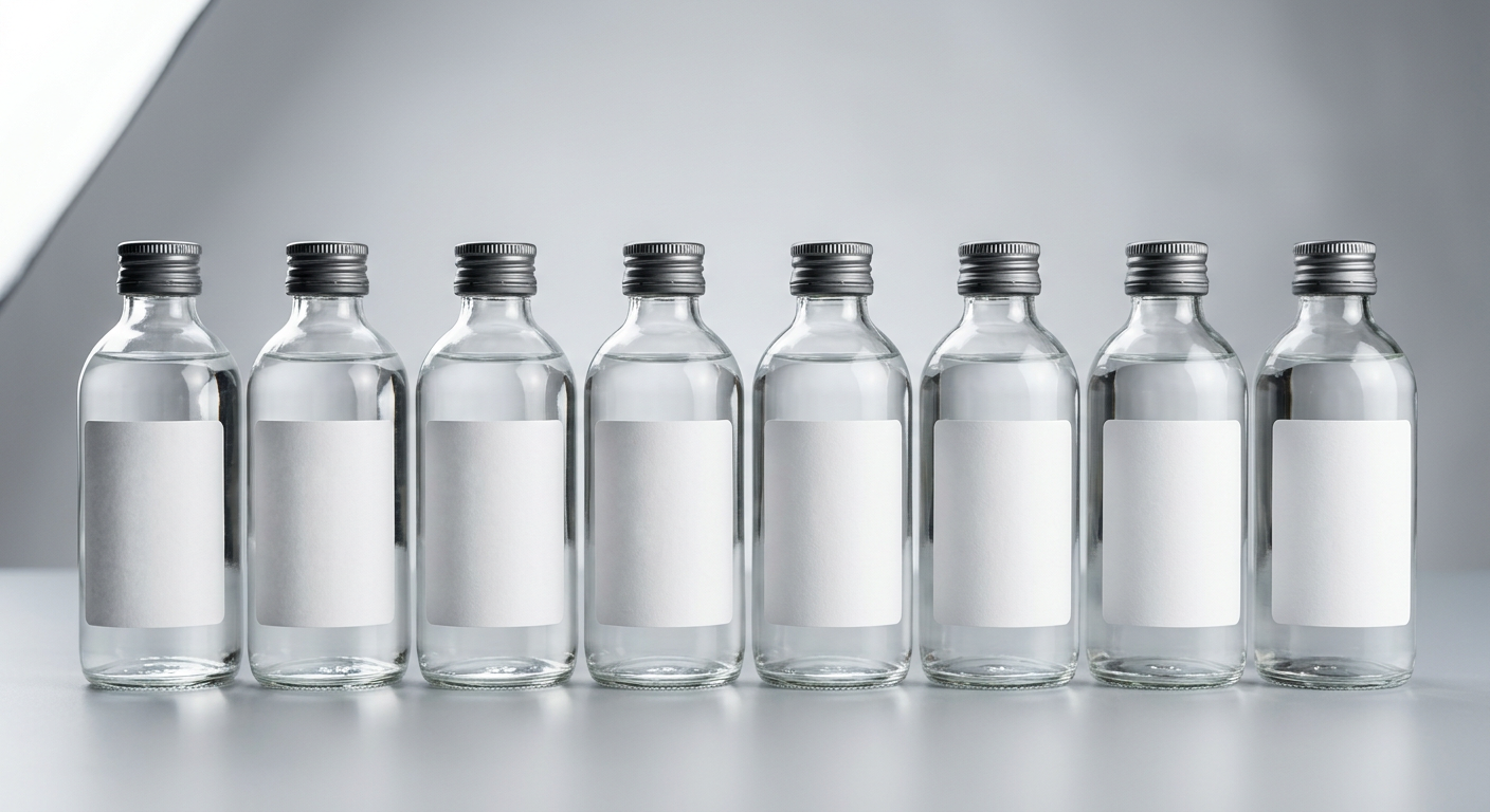 Row of clear glass bottles with custom blank labels