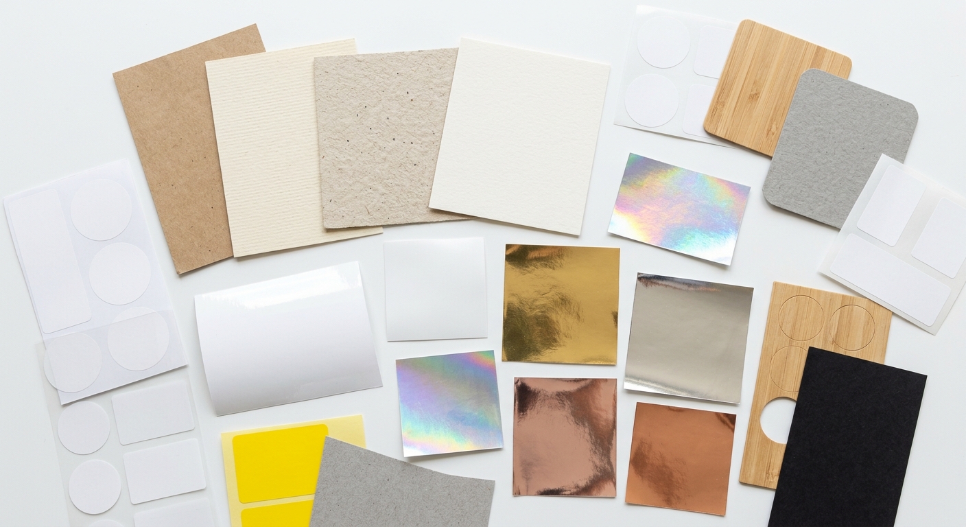 Flat lay of label material swatches showing gloss, matte and foil finishes